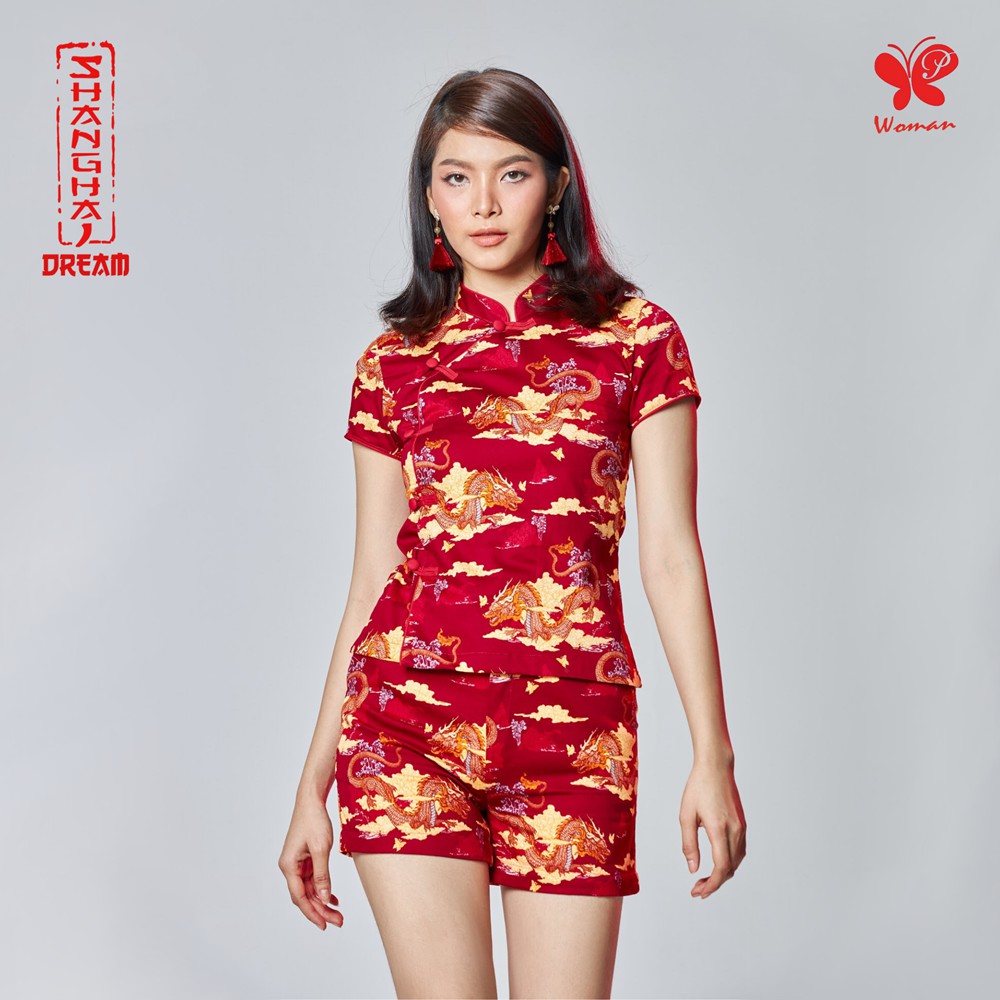 Papillon - Woman Shanghai Dream Satin Top เสื้อคอจีนผู้หญิงสไตล์ตรุษจีน พิมพ์ลายมังกร