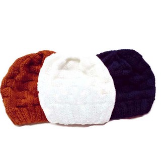 Handmade หมวกถักไหมพรมสีขาว สีเทาเข้มและสีจีวรพระ ลายตาราง