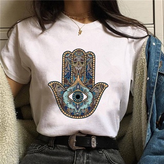 เสื้อยืดวินเทจเสื้อยืด พิมพ์ลาย Lucky Hamsa Hand สีขาว แฟชั่นฤดูร้อน สําหรับผู้หญิงS-5XL