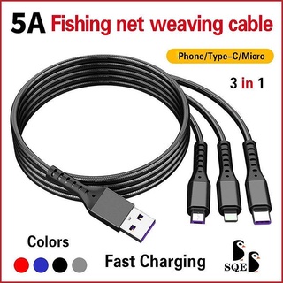 สายชาร์จเร็ว 5A 3 in 1 สําหรับ Lightnning Micro Usb Type-C plug Android Turbo Charge TypeC Cable