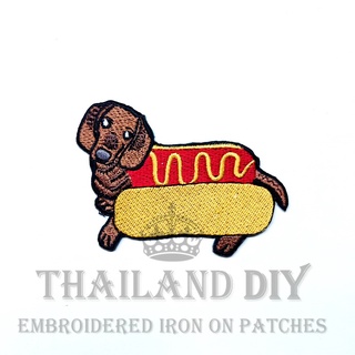 ตัวรีดติดเสื้อ งานปัก หมา ลายการ์ตูน ฮอทด็อก หมาไส้กรอก แด็กซันด์ Dachshund Hot Dog Patch ตัวรีด WOP DIY อาร์มติดเสื้อ