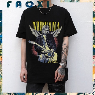 เสื้อยืดโอเวอร์ไซส์【FACXI】เสื้อยืดแขนสั้น ผ้าฝ้าย พิมพ์ลายวงร็อค Nirvana พลัสไซซ์ สไตล์ฮิปฮอป โอเวอร์ไซซ์ สําหรับคู่รักS