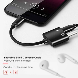 USB Type C to 3.5mm Jack Aux Audio + USB Type C Charging Female Port Splitter Cable - Black