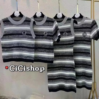 Cicishop(1385-5/1385-6/1385-7/1385-3)เสื้อแขนสั้น/แขนกุด/เดรสแขนกุด/แขนสั้น  ไหมพรมลายทางทอแน่นปักลายจะลุคก็ไม่บ้งนะจ้ะ