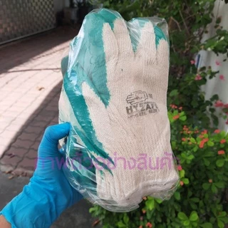 ถุงมือผ้าชุบยางสีเขียว ใช้ในงานสวน ตัดอ้อย ปอกทุเรียน กันบาด กันลื่น 12 คู่ / แพ็ค NRG-EL