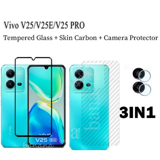 (3in1) Vivo V25 V25E V25 PRO V23 V21 V23E V21E ฟิล์มกระจกนิรภัย แบบเต็มจอ + ฟิล์มหลัง คาร์บอนไฟเบอร์ + ฟิล์มเลนส์กล้อง