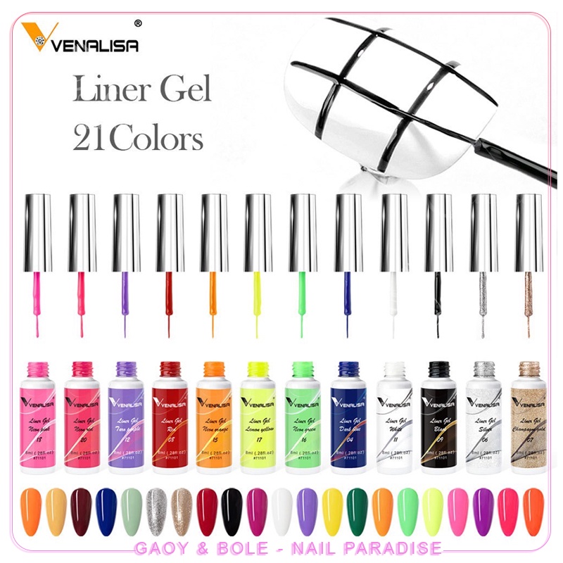 พร้อมส่งทุกวัน VENALISA  Liner gel Set 7 ชิ้น หลากสี ขนาด 8 ml ไลน์เนอร์เจล สีเจลแปลงปลายแหลมในขวด
