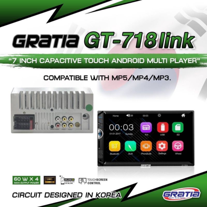 GRATIA จอ2DIN มิลเลอร์ลิ้งค์ ขนาด7นิ้ว GT-718linkตัวรับสัญญาณแบบเสตอริโอ
จอคาปาซิทีป สัมผัสไว รองรับ