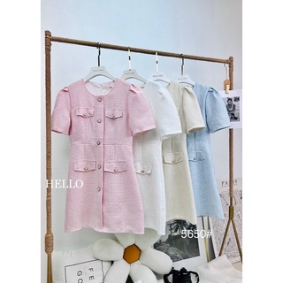Hello Shop : เดรสแขนสั้นคอกลมเย็บแต่งกระดุมหลอกซับในทั้งตัว
