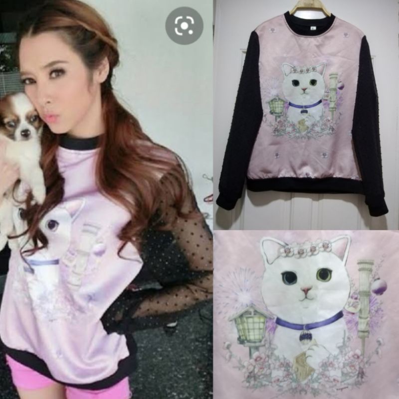 เสื้อแขนยาวลายแมวKYSคอป้ายHONEYmeลายน่ารักมาก(แขนซีทรู)​☑️ตำหนิไม่มี☑️