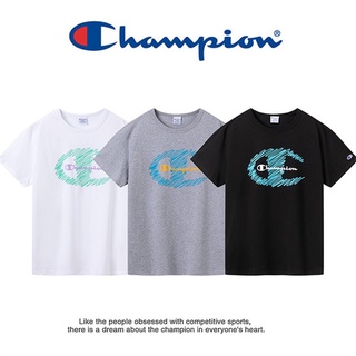 เสื้อยืดแขนสั้น ผ้าฝ้าย พิมพ์ลายโลโก้ Champion ทรงหลวม พลัสไซซ์ สําหรับผู้ชาย และผู้หญิง