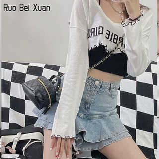 RUO BEI XUAN ชุดสองชิ้นสำหรับผู้หญิงเสื้อยืดแขนยาวพิมพ์ลาย