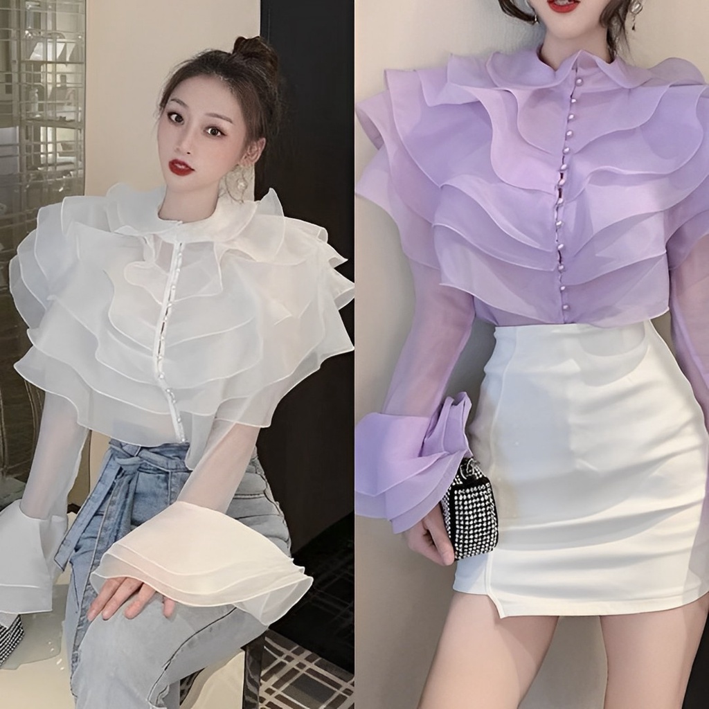 เสื้อระบายผ้าเเก้วเกาหลี ผ้าชีฟอง เสื้อหรูหรางานพรีเมียม