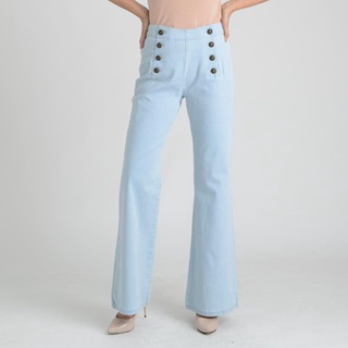 Jousse Pants กางเกงขายาวเอวสูง สีฟ้า ตกแต่งกระดุม 8 เม็ด ทรงขาม้า(JL37SB)