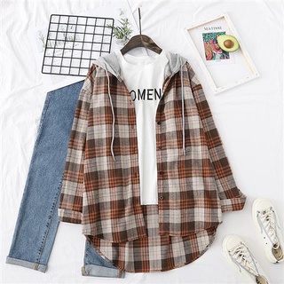 Plaid shirt women 2021 new retro เสื้อแจ็คเก็ตมีฮู้ดกันแดดหลวม