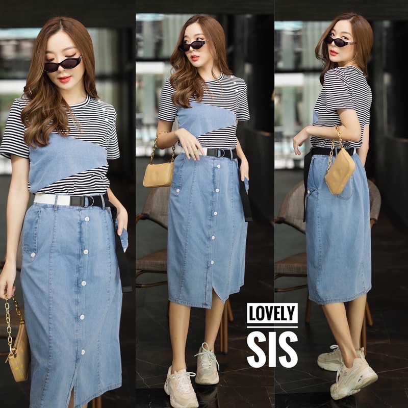 🌈🌿🌸🌺🌼💙🤎🇰🇷 Stripe Patch Jeans &Jeans Long Skirt &Belt Set