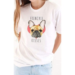 เสื้อยืดสีเทาทาสน้องหมาน้องแมว ลาย FRENCHIE KISSES