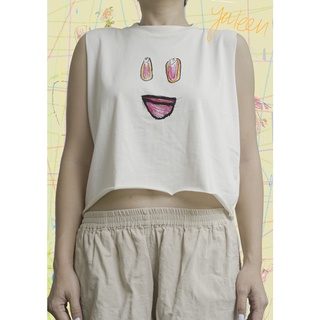 เสื้อยืด Croptop เสื้อครอป แขนกุด ผ้าฝ้าย Cotton 100% สีผ้าดิบไม่ย้อมสี ลาย Funny Face minimal จากจินตนาการเด็ก