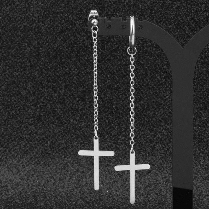 K pop Korean Star BTS V Bangtan Boys Man Silver Stud Cross Chain Earrings Unisex