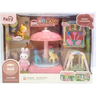 Dreamy Action Figure Cute Rabbit Family Set Fairy Series Merry Carousel กรต่ายน้อย โมเดล ชุดม้าหมุน