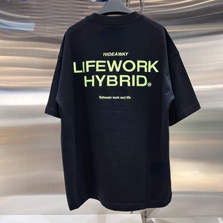 Lifework ใหม่ เสื้อแขนสั้น พิมพ์ลายตัวอักษร ทรงหลวม สีเขียวเรืองแสง ขนาดใหญ่