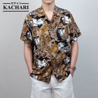 ส่งฟรี🔥KACHARI เสื้อฮาวาย ผ้าเรยอน สีดำ ลายเสือ