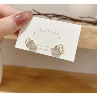 พร้อมส่ง - ต่างหูก้านเงิน s925 - 1115 ต่างหูหัวใจซ้อนกัน