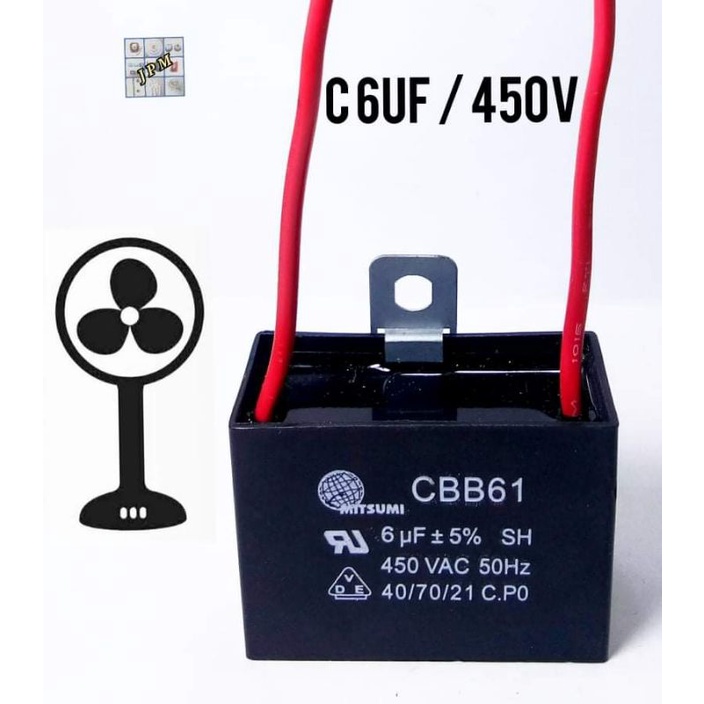คาปาซิเตอร์พัดลม 6uf/450v ยี่ห้อมิตซูมิ สายสีแดง capacitor cap แคป ใช้กับพัดลมฮาตาริ และยี่ห้อทั้วไปได้