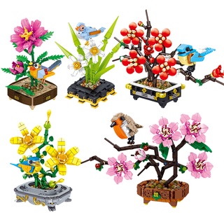 ช่อดอกไม้ Series Building Block MOC Orchid Plum Plant Pot Bonsai DIY Assembly อิฐของเล่นสำหรับตกแต่งบ้านเด็ก