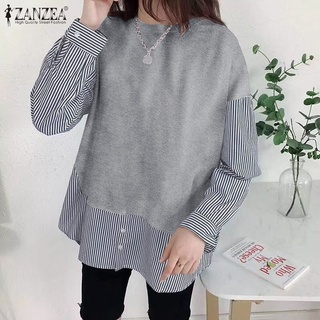 Zanzea เสื้อลําลองสําหรับสตรีแขนยาวคอกลมพิมพ์ลาย Patchwork สองชิ้น