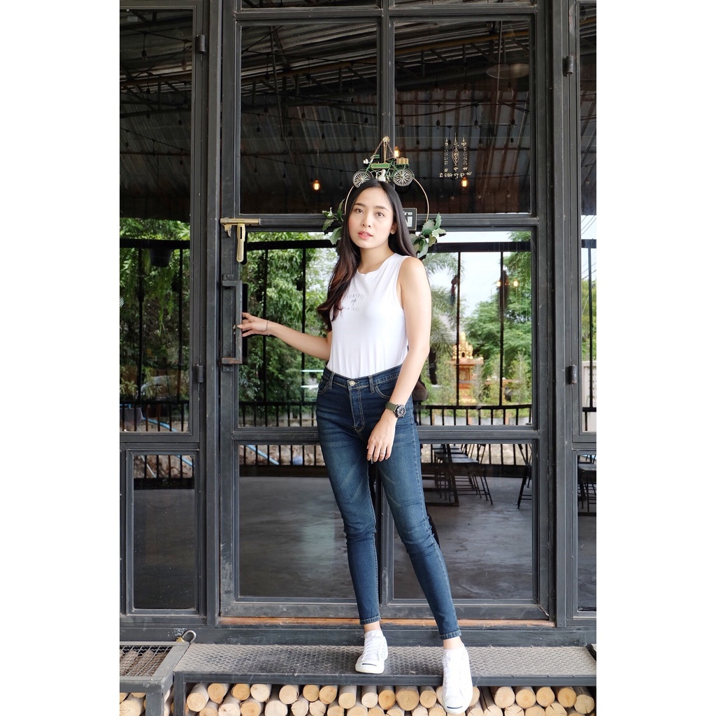 Cc jeans XXL 005 กางเกงยีนส์ผู้หญิง เอวสูง ยืด ทรงเดฟ สีสนิม เฟดหน้าขา - รูปที่ 5