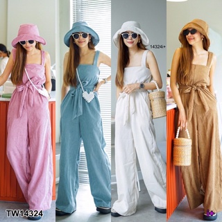 TW14324 Jumpsuit จั๊มสูทขายาวสายเดี่ยวเส้นใหญ่ สายปรับระดับได้ สม็อคหลัง มีกระเป๋าสองข้าง