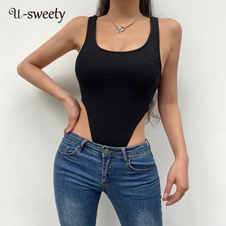 U-sweety Women Bodysuit Fashion Solid Color U-neck Sleeveless Slim Fit Casual Sports All Match