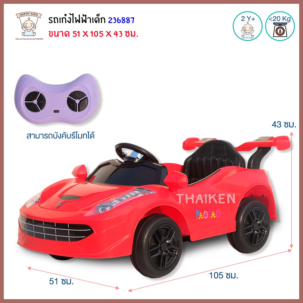 Thaiken รถแบตเตอรี่เด็ก รถเด็กเล่นไฟฟ้า รถเก๋ง บังคับรีโมทได้ สีเเดง 236887