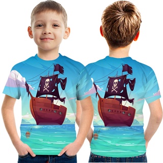 เสื้อยืด พิมพ์ลายการ์ตูนเรือโจรสลัด ทะเล น่ารัก แฟชั่นฤดูร้อน สําหรับเด็ก 3-13 ปี