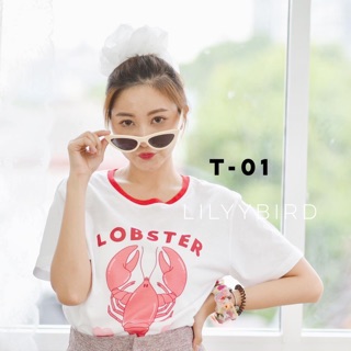 [พร้อมส่ง] T-01 Lobster Love You เสื้อยืดขาวกุ๊นคอแดง สกรีนลาย ผ้ายืด TC บางเบา รีดง่าย