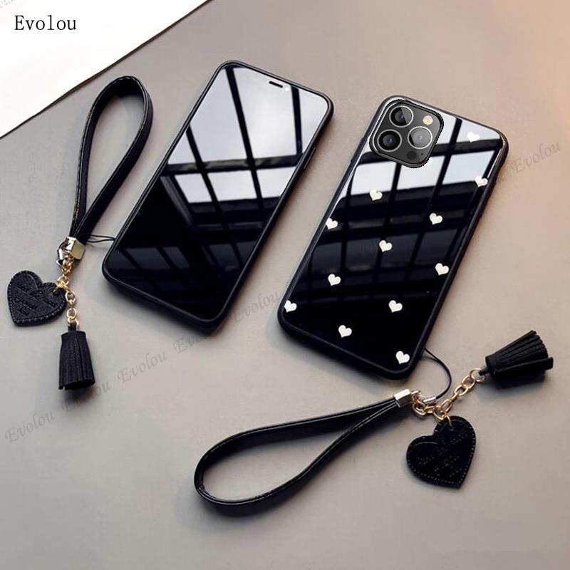 เคสโทรศัพท์มือถือกระจกนิรภัย แบบแข็ง ลายหัวใจ ประดับพู่ พร้อมสายคล้อง สําหรับ Iphone 13 Pro Max 13 12 11 Pro Max XR X XS Max 7 8 Plus 12pro Max