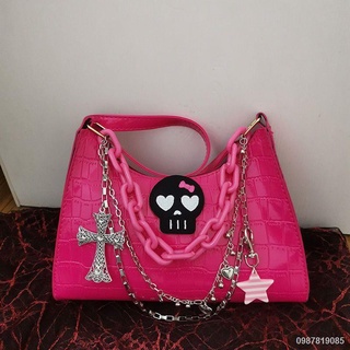 🎸สินค้าในสต็อก🏄Barbie Rose Red Skull Cross Y2k Millennium Punk Spice Girl กระเป๋าสะพาย Pentagram Patent Leather Bag