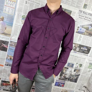 SHIRTFOLDING เสื้อเชิ้ต แขนยาวคอปก สีม่วงมังคุด กระดุมดำ