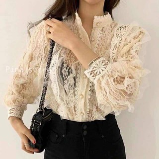 เสื้อเชิ้ตคอปีนกระดุมหน้าผ่าลูกไม้HS002
