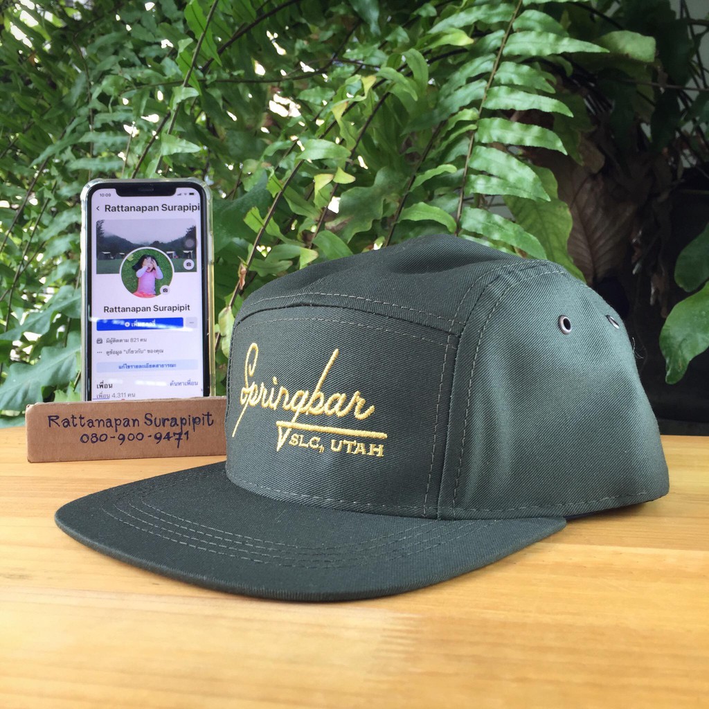 SPRINGBAR Script 5-Panel Cap หมวก FreeSize สีEvergreen วัสดุCottonCanvas สายปรับหนัง camping tent แค