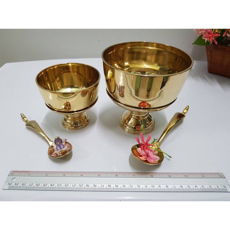 Brass byfa *SET1070 ขันทองเหลืองใบเล็ก ขันตักบาตรใบเล็ก 4” จอกหล่อ ขันพานรองทัพพี เซต3ชิ้น ขนาด 4”