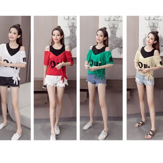 เสื้อแฟชั่น แต่ง2ชิ้นหลอกเสื้อกล้าม เปิดไหล่ ลาย OUI รหัสสินค้า MY69179