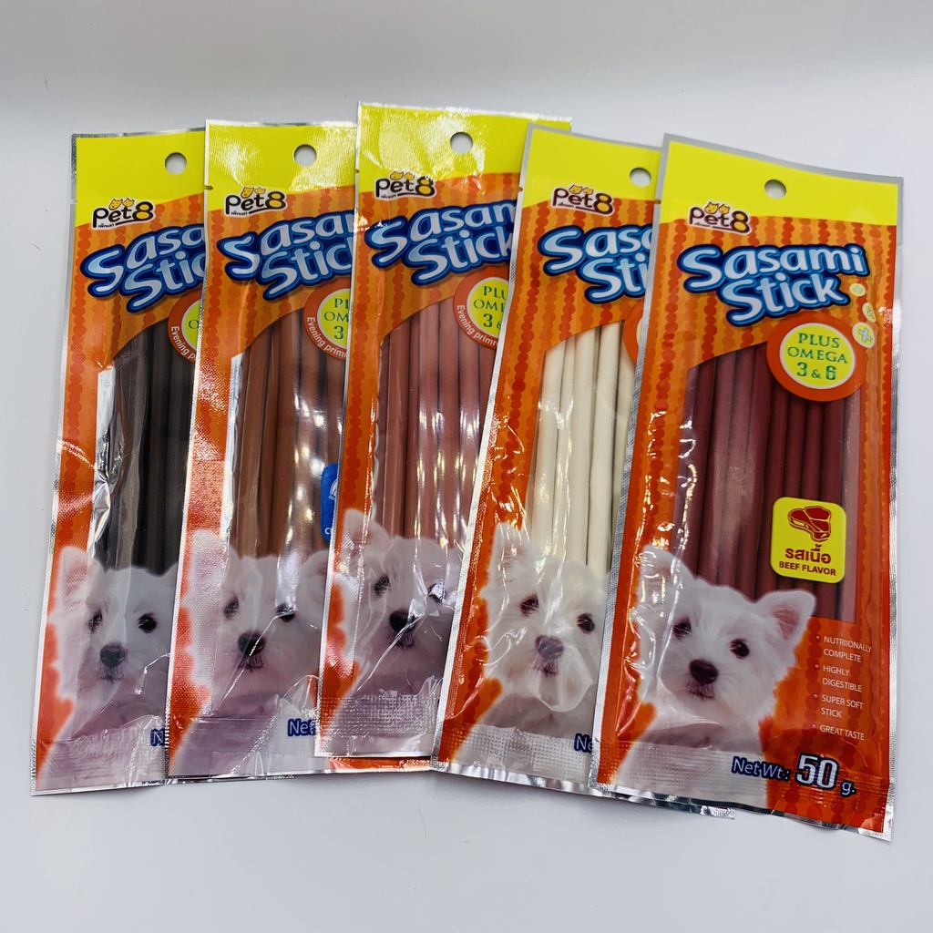 Pet8 sasami soft stick สติ๊กไก่ สูตรแข็ง เคี้ยวอร่อย เสริมโอเมก้า 3&6 มี 5 รสชาติ 50g