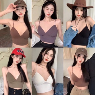 CHERISH (พร้อมส่ง) เสื้อสายเดี่ยว สายสปาเก็ตตี้ คอวี คอลึก แฟชั่นบราผ้าร่อง มีฟองน้ำ
