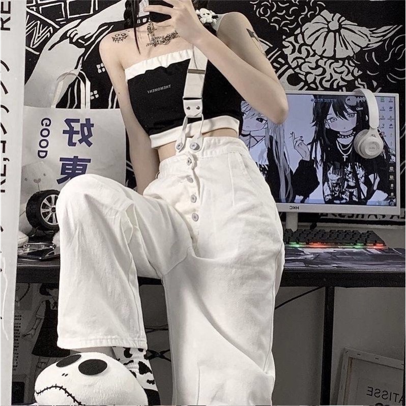 Many Jeans Overalls เอี๊ยมกางเกงยีนส์ขายาวเอวสูงสีขาว ดำ (สินค้าพร้อมส่งในไทยจัดส่งทุกวัน)