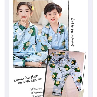 🇹🇭(ส่งจากไทย ）(1-10year )ชุดนอนเด็กผ้าซาติน child sleepwear girl and boy ชุด2ชิ้น   เสื้อแขนสั้น+กางเกงขายาว จระเข้🐊