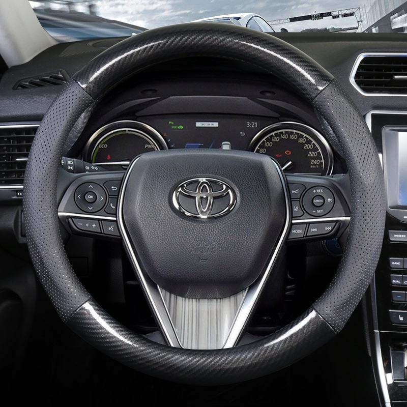 Toyota หุ้มพวงมาลัย หุ้มพวงมาลัยรถยนต์ ปลอกหนังหุ้มพวงมาลัยรถยนต์คาร์บอนไฟเบอร์ 38 ซม. สําหรับ โตโยต้า ไม่ลื่นระบายอากาศ