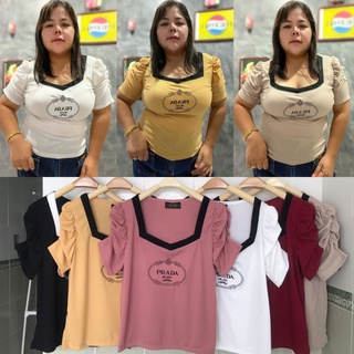 เสื้อยืดสาวอวบ เสื้อนมโตสาว อก36-44 ยาว23 แต่งขอบดำ ปักลายPRADA 5เหลี่ยมแขนเจ้าหญิง