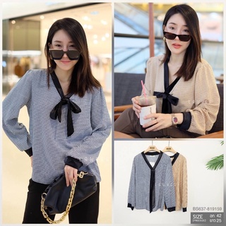 เสื้อแขนยาวคอวีแต่งคอผูกโบว์ ลายชิโนริ สไตล์เกาหลี